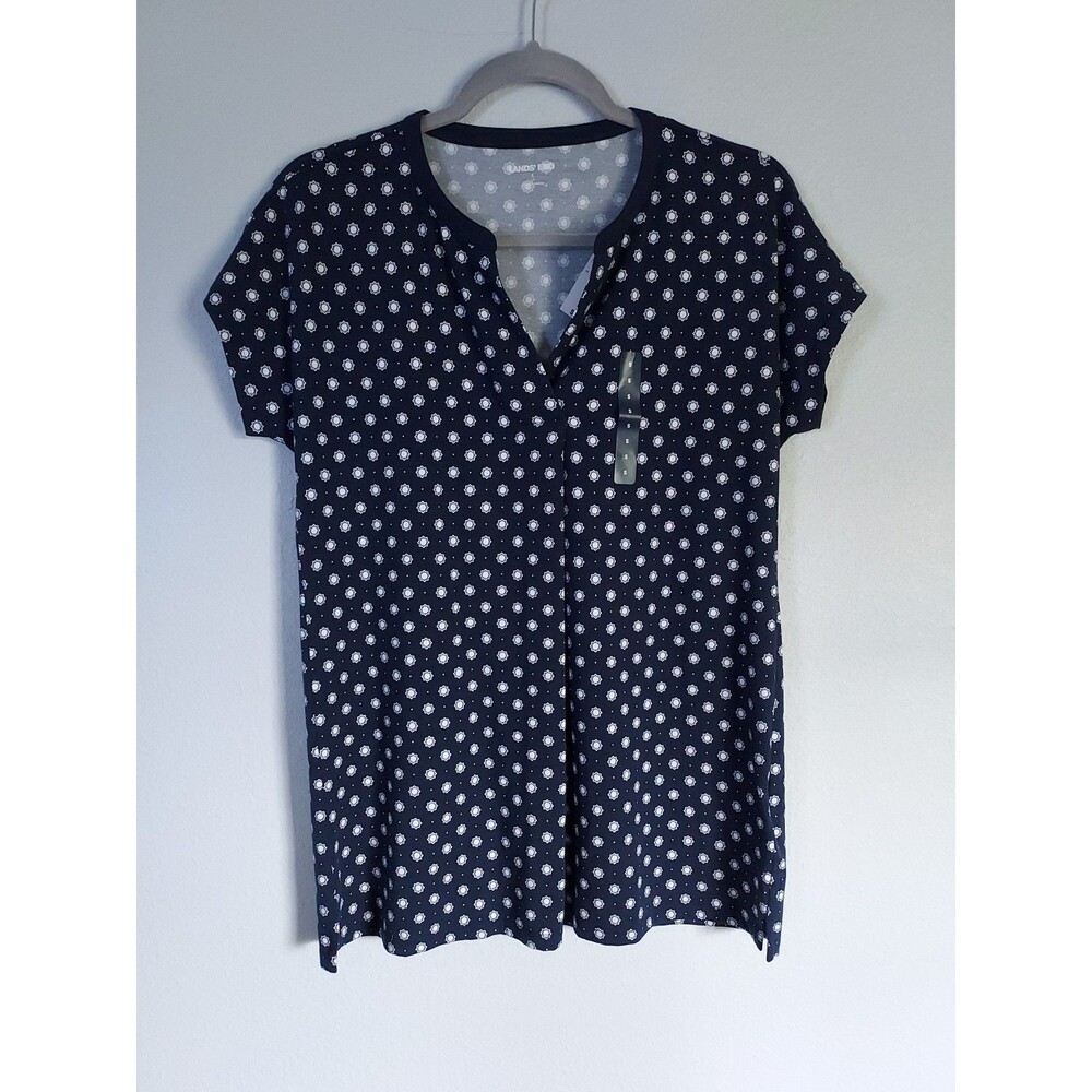 Lands End Women’s Notched Tunic Top Navy Blue Geometric  Size Small 511805 NEW